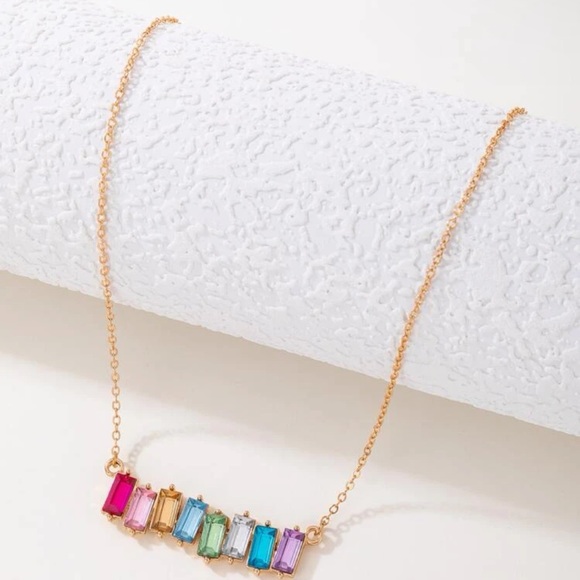 Rainbow Rhinestone Necklace Golden Chain - Picture 5 of 7